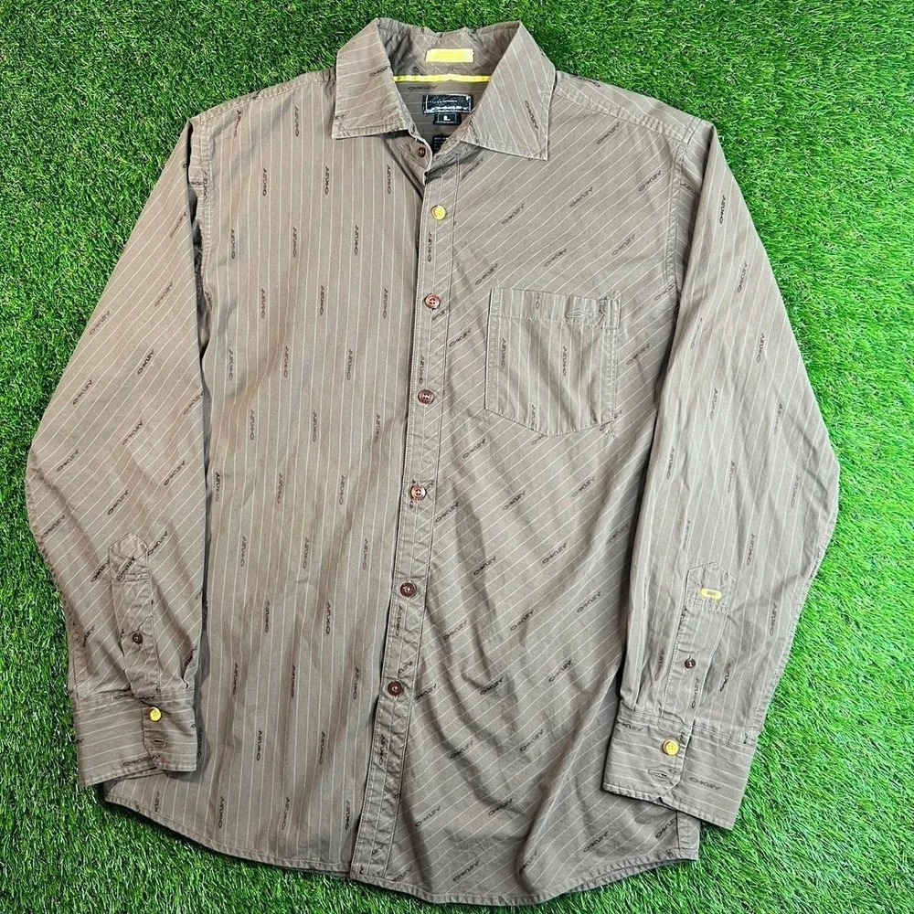 Vintage Oakley Logo Print Button Up Shirt Brown Stripe Y2K Mens Large Skate